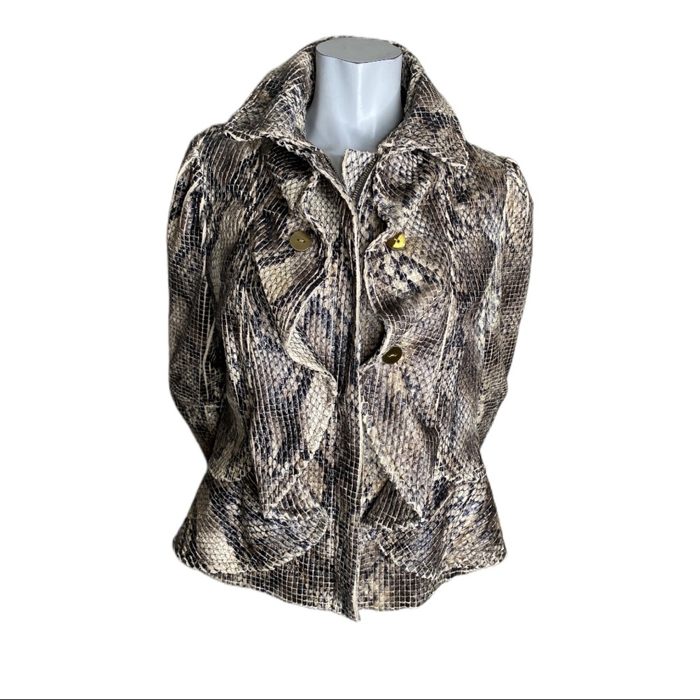 Bianca Nygard Satin Textured Snakeskin Print Jacket with Ruffles Large